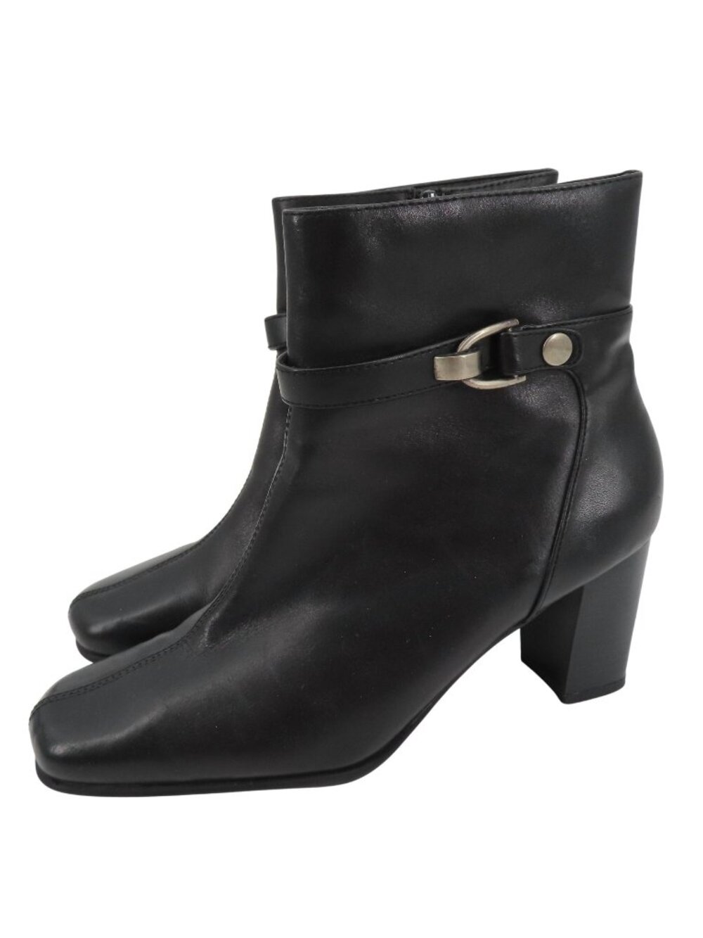 Nine & Co Women 8 M PHILLIPE Black Leather Ankle Boots Bootie Silver Block Heels